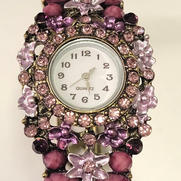 Purple Rhinestone Watch Cuff Band Round Face Ornate Fashion Watch - NEW ! - Picture 1 of 16